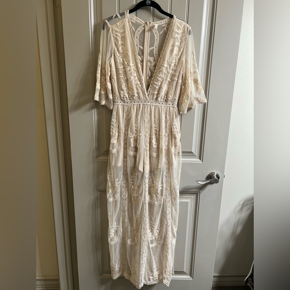 Wishlist boho cream colored long lace romper